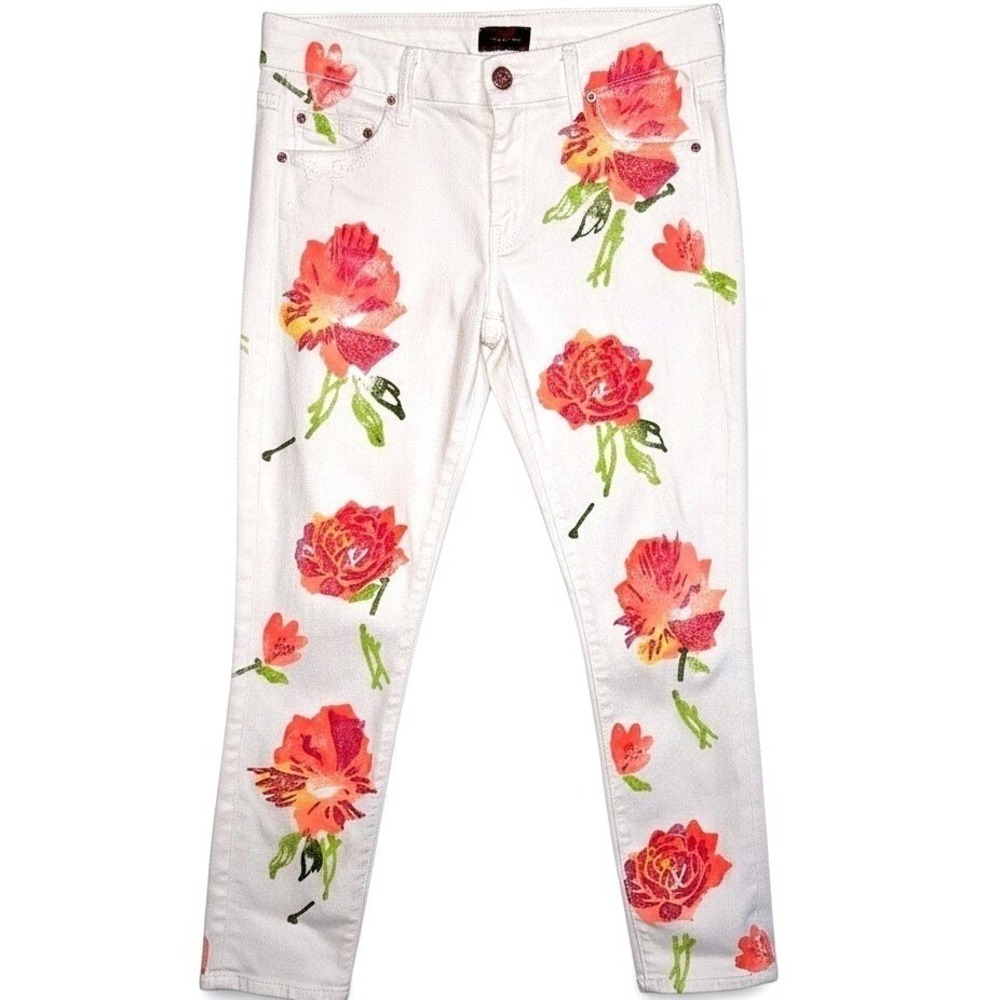 MOTHER The Looker Cropped Skinny White Jeans Wallflowers Floral Print Sz 27